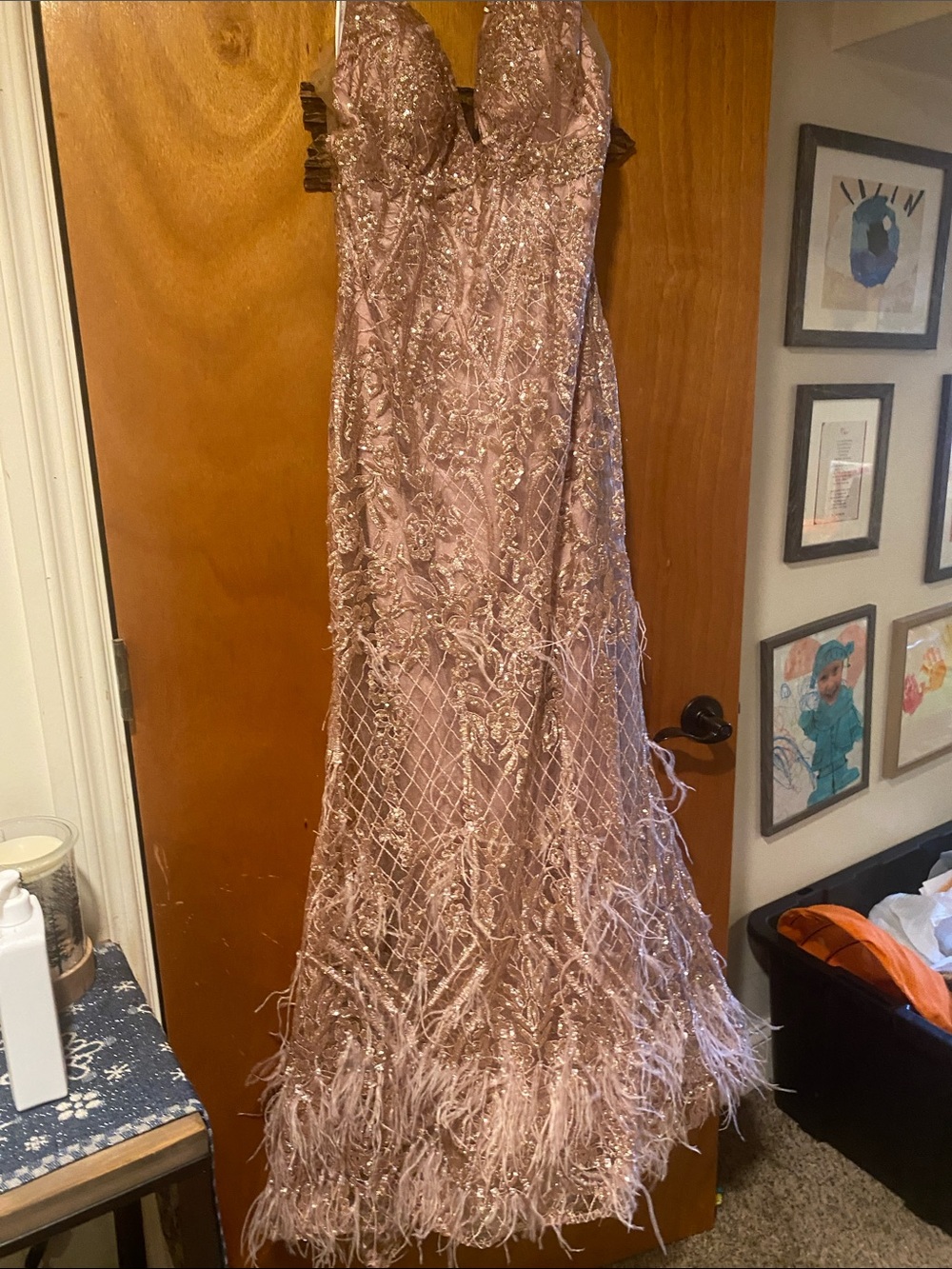 Sherri Hill Dusty Rose Beaded Feather Hem Prom Dress